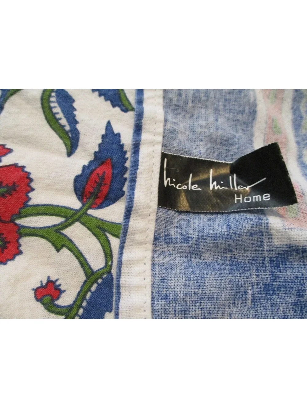 Nicole Miller Red Blue Floral Tablecloth 56x60 Indian Block Print Style Boho